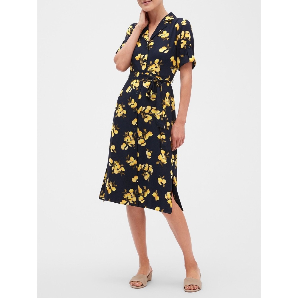 Banana Republic Navy Blue Yellow Lemon Print Midi Shirt Dress Size 2